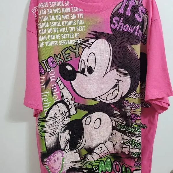 [BUNJANG] Disney Mickey Mouse Pink Cubic Oversized Short-Sleeve T-Shirt / 디즈니 캐릭터 미키마우스 핑크 큐빅 빅사이즈 오버핏 핑크 반팔티셔츠<새상품>