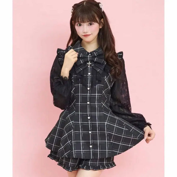 [BUNJANG] Seehoney Ruffle & Sleeve Lace Cross Setup Long Sleeve Check Set / 시허니 러플&소매 레이스 십자가 셋업 긴팔 체크