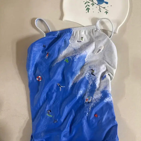 [BUNJANG] Hufo Blue Ocean Swimsuit (Size 30) & Blue Bird Swim Cap Set / 후그 파랑바다 30 + 파랑새수모