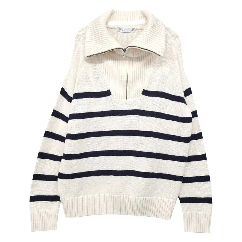 [BUNJANG] Zara Striped Cream Knit M / 자라 스트라이프 크림 카라 니트 M