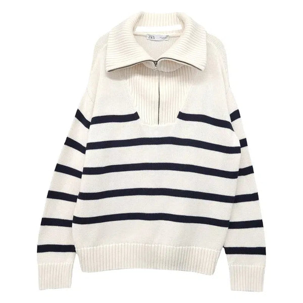 [BUNJANG] Zara Striped Cream Knit M / 자라 스트라이프 크림 카라 니트 M