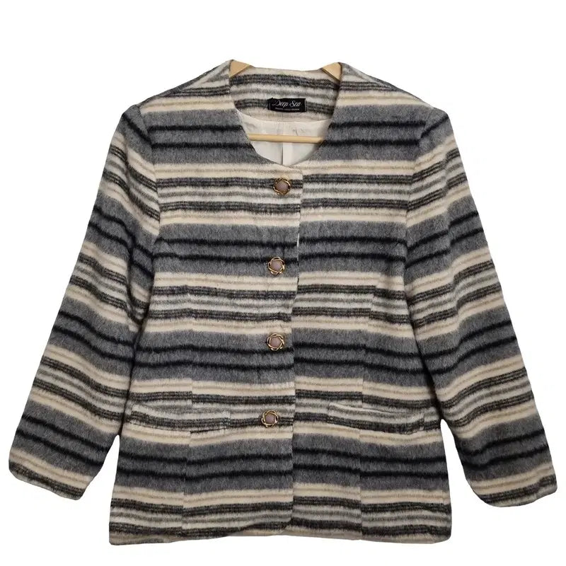 [BUNJANG] DEEP SEA Women's Vintage Wool Blazer - Striped Lapel-less Winter Jacket [L] / DEEP SEA 여성 빈티지 울 블레이저 [L] 스트라이프 노카라 겨울 자켓