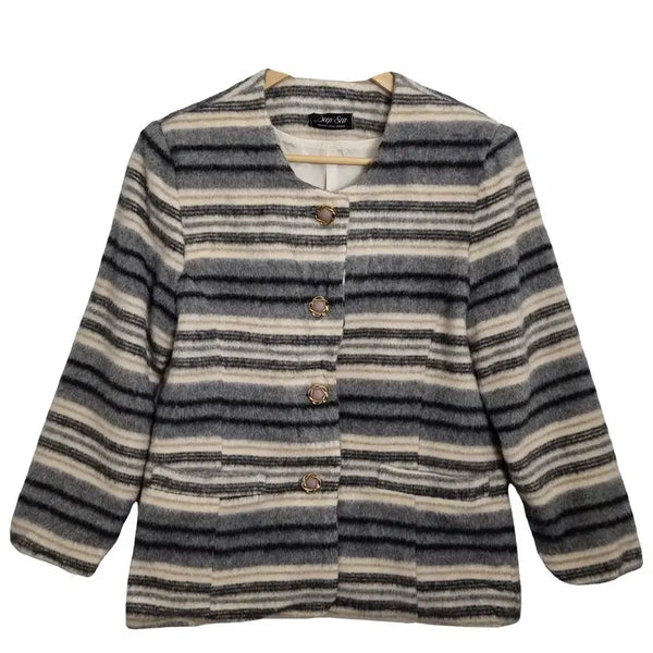 [BUNJANG] DEEP SEA Women's Vintage Wool Blazer - Striped Lapel-less Winter Jacket [L] / DEEP SEA 여성 빈티지 울 블레이저 [L] 스트라이프 노카라 겨울 자켓