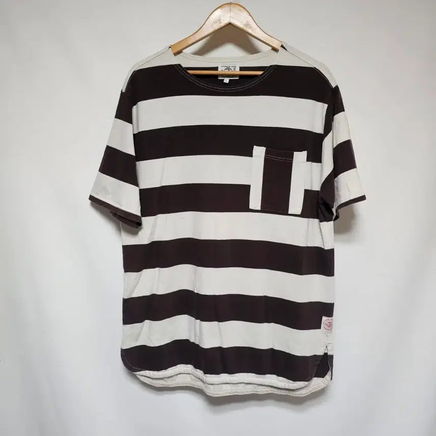 [BUNJANG] Holizun Brown Stripe Union Pocket T-Shirt L (Recommended 100) / 홀리선 브라운 스트라이프 유니온 포켓 티셔츠 L사이즈 실측 100 추천