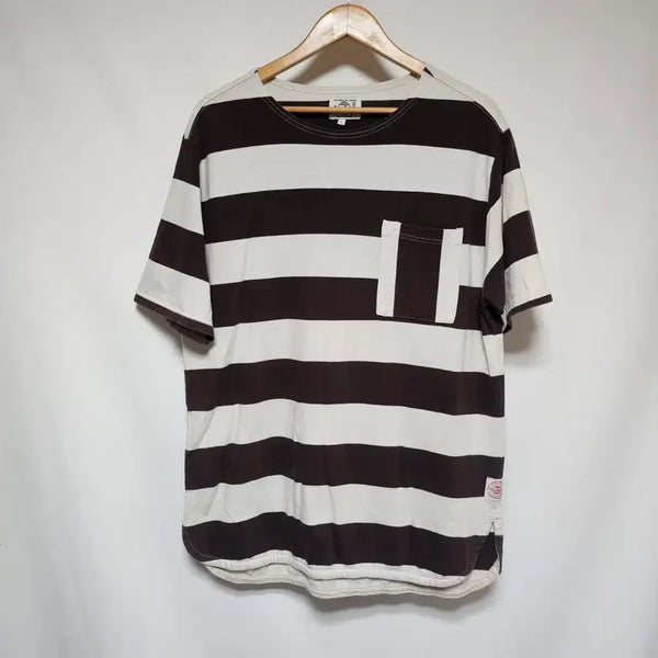 [BUNJANG] Holizun Brown Stripe Union Pocket T-Shirt L (Recommended 100) / 홀리선 브라운 스트라이프 유니온 포켓 티셔츠 L사이즈 실측 100 추천