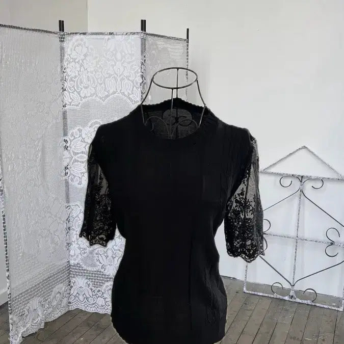 [BUNJANG] Vintage Lace Oriental Short Sleeve Knit Top / 빈티지 레이스 오리엔탈 반팔