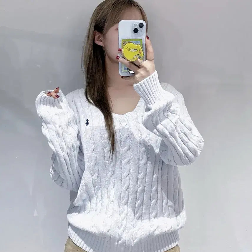 [BUNJANG] Polo Ralph Lauren Pony White Cable V-Neck Knit XL / 폴로랄프로렌 포니 화이트 케이블 브이넥 니트