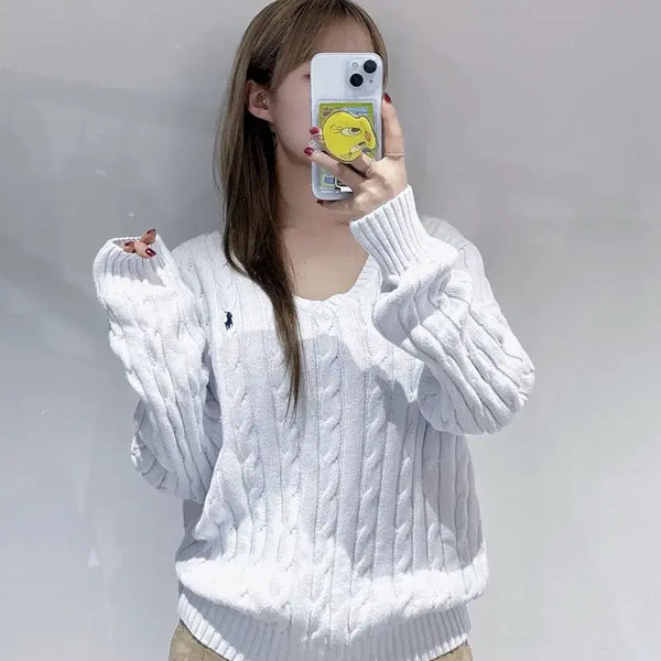 [BUNJANG] Polo Ralph Lauren Pony White Cable V-Neck Knit XL / 폴로랄프로렌 포니 화이트 케이블 브이넥 니트