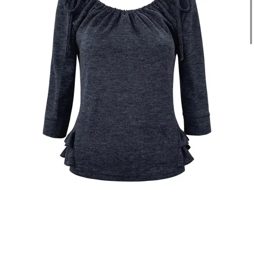 [BUNJANG] CheMeCci Shirring Mid-Sleeve Frill Top Navy / 체메씨 셔링 미드 슬리브 프릴 탑 네이비