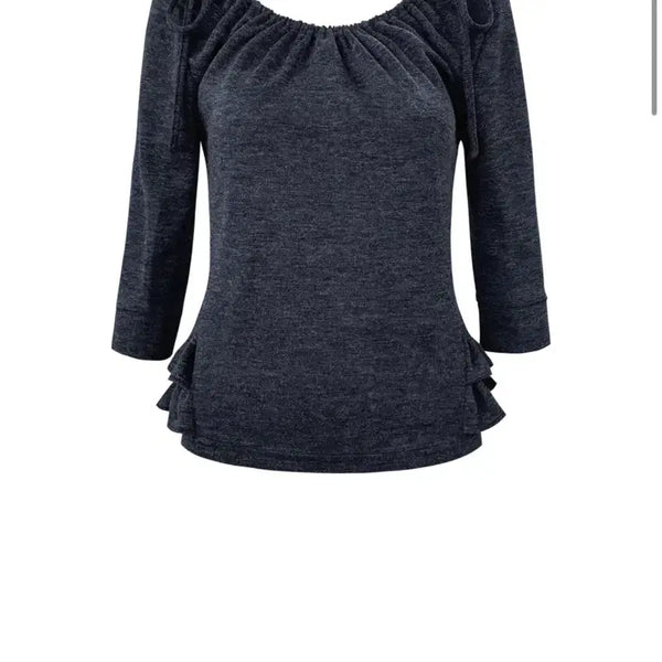 [BUNJANG] CheMeCci Shirring Mid-Sleeve Frill Top Navy / 체메씨 셔링 미드 슬리브 프릴 탑 네이비