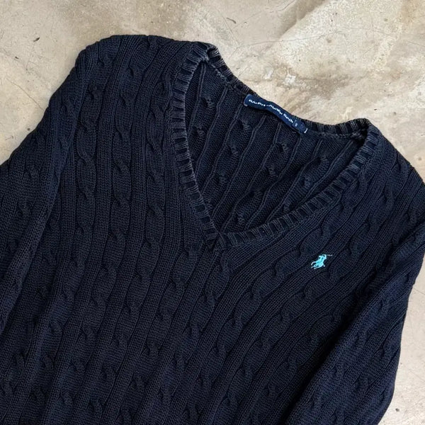 [BUNJANG] Polo Ralph Lauren Women's Cable V-Neck Navy Knit (Size S) / S 폴로랄프로렌 여성용 케이블 브이넥 네이비 니트