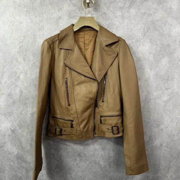 [BUNJANG] Camel Leather Rider Jacket (Italy S) / 카멜 레더 라이더 자켓 이태리 S 실측