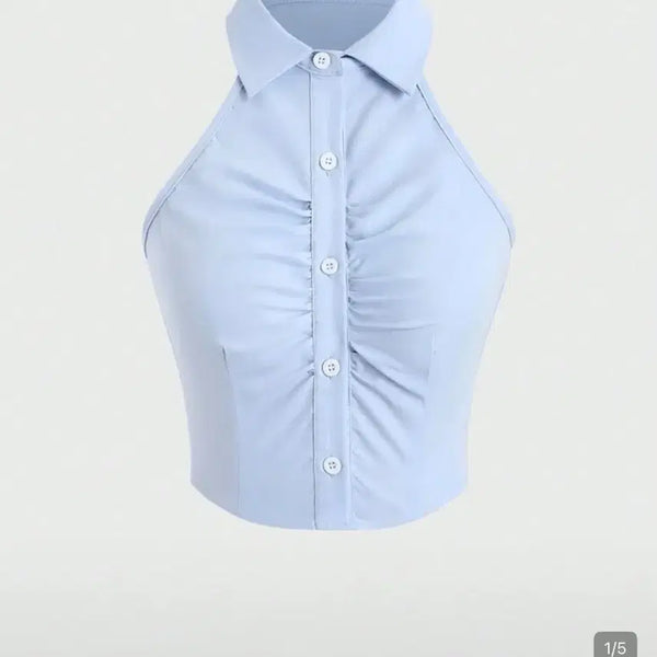 [BUNJANG] SHEIN Sky Blue Shirring Halterneck Top S / 하늘색 셔링 홀터넥 탑