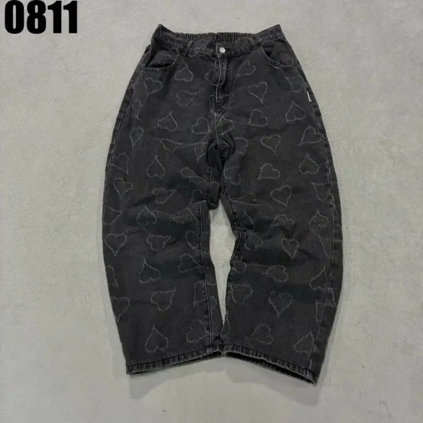 [BUNJANG] Extons Heart Pattern Denim Pants Black L / 엑스톤즈 하트 패턴 데님 팬츠 블랙 L