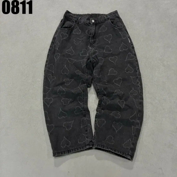 [BUNJANG] Extons Heart Pattern Denim Pants Black L / 엑스톤즈 하트 패턴 데님 팬츠 블랙 L