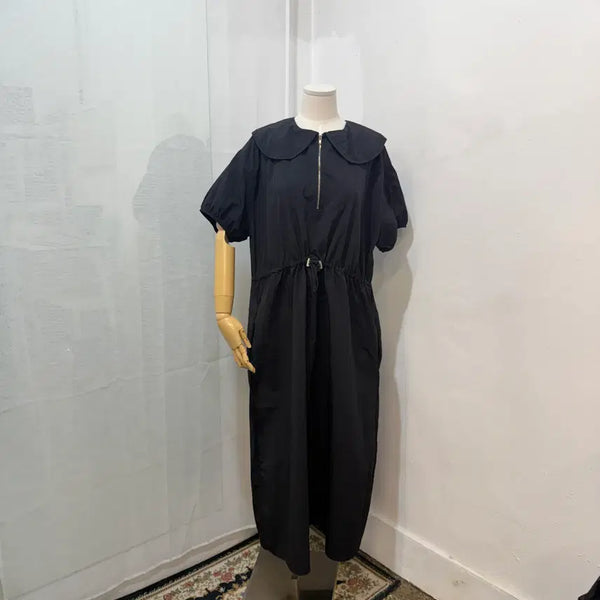 [BUNJANG] Black Nylon Long Dress / 둥근카라 오버핏 나일론 바스락 블랙롱원피스 5027