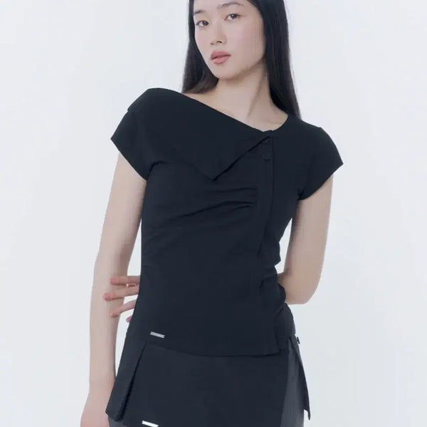 [BUNJANG] MiseKi Seoul Folding Collar Shirring Top Black / 미세키서울 Folding collar shirring top BLACK