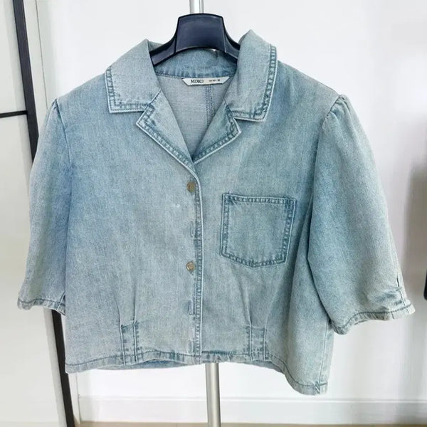 [BUNJANG] Mixxo Denim Puff Blouse / 미쏘 데님퍼프블라우스
