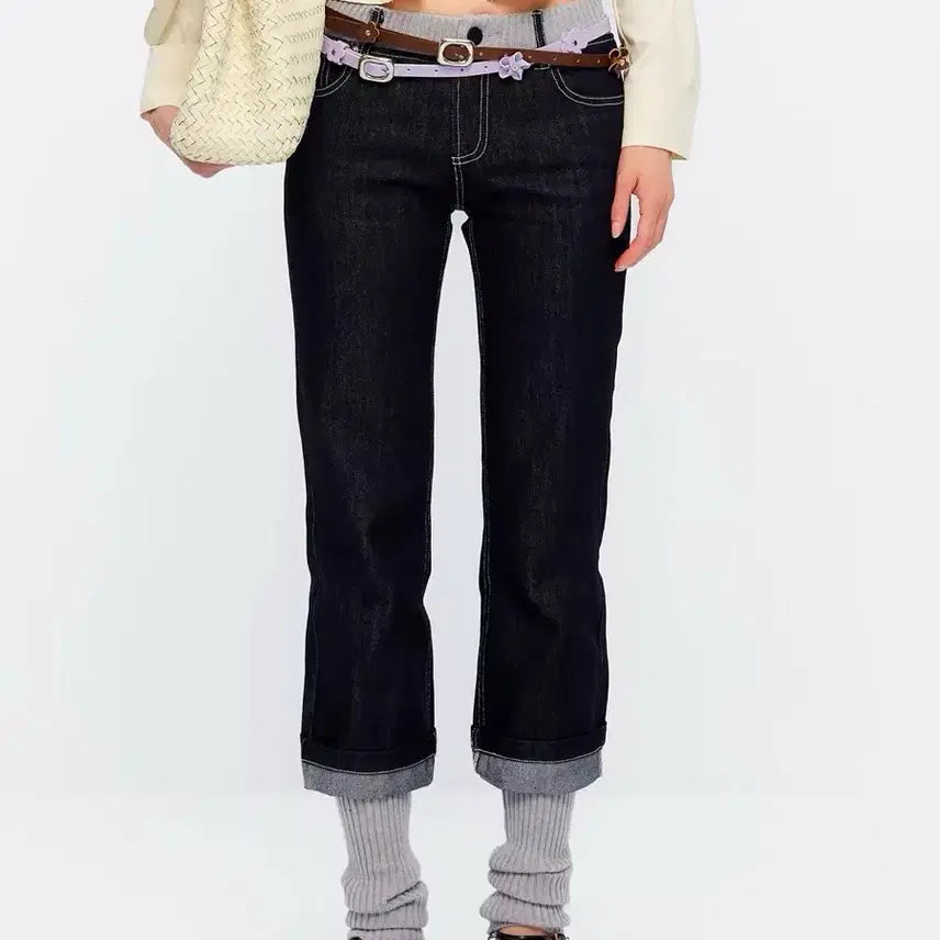 [BUNJANG] 9266 Studio Ribbed Knit Colorblock Stitch Denim Pants / 9266 studio 골지 니트 배색 스티치 데님 팬츠