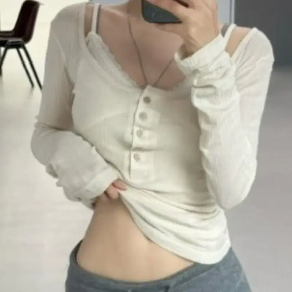 [BUNJANG] Dandelion Gauze Ribbed Button Tee + Mood Lace Camisole Set / 단델리온 거즈 골지 버튼티 + 무드 레이스 나시