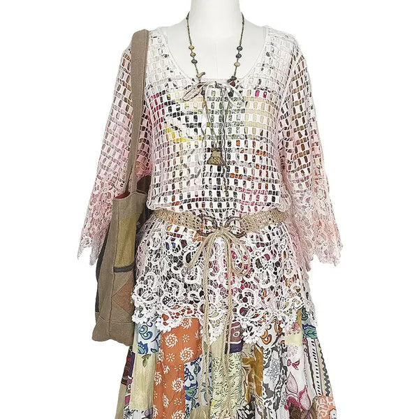 [BUNJANG] Japanese Vintage Pink Water Dye Net Knit Crochet Top Mori Girl Gyaru Y2K Hippie Ethnic / 일본빈티지 핑크물나염 그물뜨개크로쉐크로셰티 모리걸갸루y2k히피에스닉