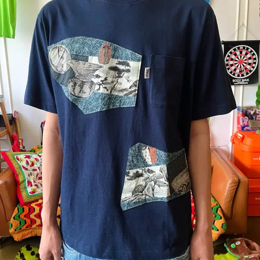 [BUNJANG] FIRST DOWN 00s Oriental Painting Patchwork Short Sleeve T-Shirt XL / 00s FIRST DOWN 빈티지 오리엔탈 동양화 패치워크 도킹 디테일 반팔 티셔츠