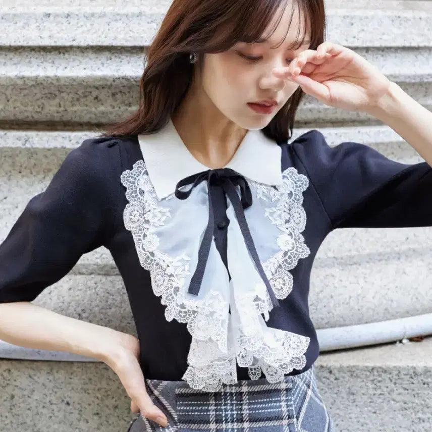 [BUNJANG] Toccocloset Lace Ribbon Knit Black / Toccocloset 토코클로젯 레이스 리본니트 스나계 호비계