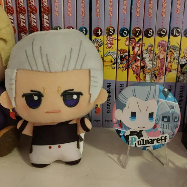 [BUNJANG] JoJo's Bizarre Adventure Part 3 Polnareff Chibi Plush & Badge Bundle / 죠죠의 기묘한 모험 3부 폴나레프 치비구루미, 뱃지 일괄