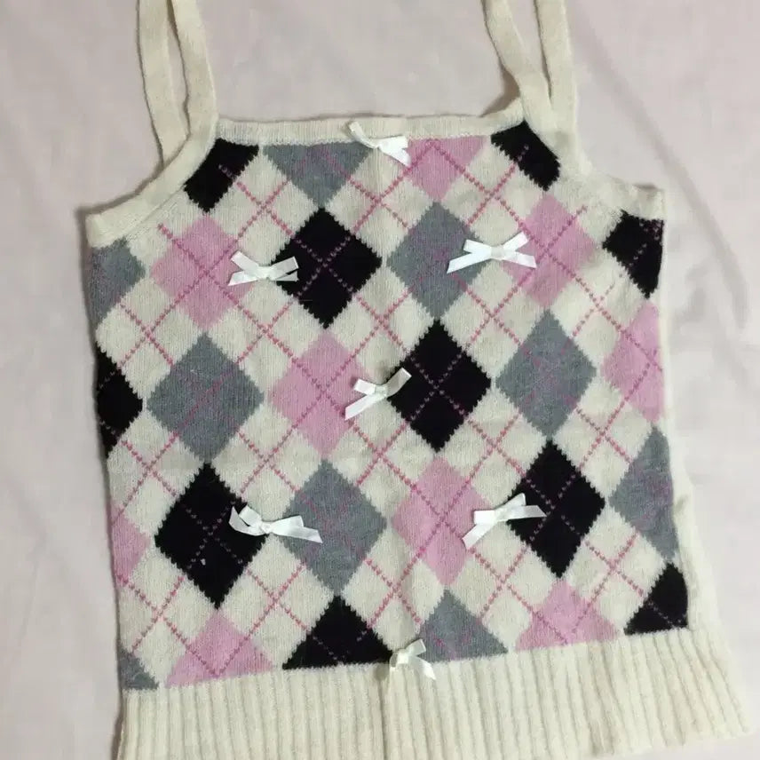 [BUNJANG] Vintage Argyle Ribbon Bustier Knit / 빈티지 아가일 리본 뷔스티에 니트