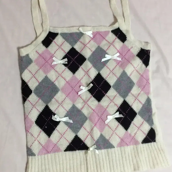 [BUNJANG] Vintage Argyle Ribbon Bustier Knit / 빈티지 아가일 리본 뷔스티에 니트