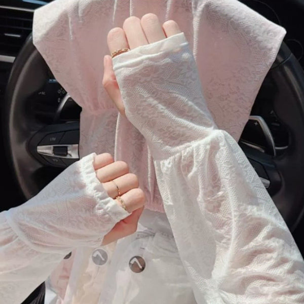 [BUNJANG] UV Blocking Lace Arm Sleeves (White, Purple) - Women's Summer Cool Arm Covers / (화이트, 퍼플)UV차단 레이스 쿨팔토시 여성 운전팔토시 여름 팔토시 자외선차단 토시 쿨토시 여성쿨토시 팔쿨토시