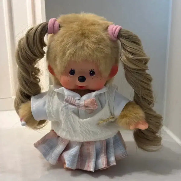 [BUNJANG] Custom Monchhichi Doll with Twintails and Plaid Skirt / 커스텀 몬치치