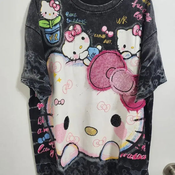 [BUNJANG] Hello Kitty Sequin Cubic Character Washed Oversized T-Shirt / 헬로키티 스팽글큐빅  캐릭터 워싱 오버핏 빅사이즈 반팔티셔츠<새상품>
