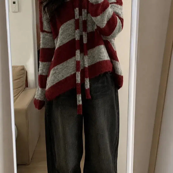 [BUNJANG] Striped Knit V-Neck Long Sleeve Sweater / 스트라이프 니트 브이넥 긴팔 스웨터 빈티지