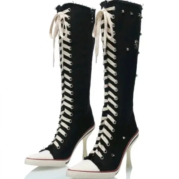 [BUNJANG] Miyauwarm Giselle Stud Canvas High Heel Boots / (새상품) 미야우웜 Giselle Stud Canvas High Heel Boots