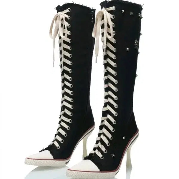 [BUNJANG] Miyauwarm Giselle Stud Canvas High Heel Boots / (새상품) 미야우웜 Giselle Stud Canvas High Heel Boots