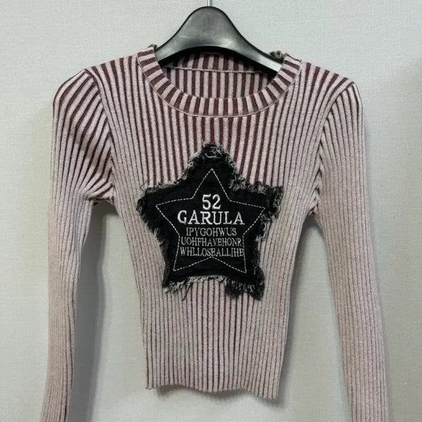[BUNJANG] Long Sleeve Striped Star Patch T-Shirt / 긴팔 스트라이프 별 티셔츠