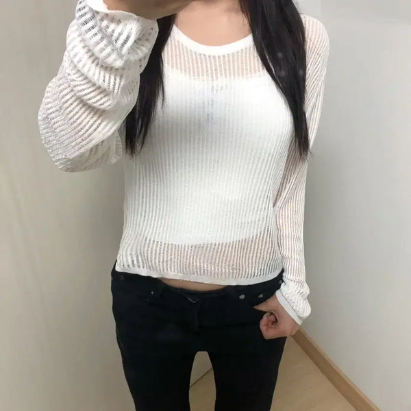 [BUNJANG] See-through Round Neck Knit - White / 새 상품 살안타템 시스루 라운드넥 니트 - 화이트