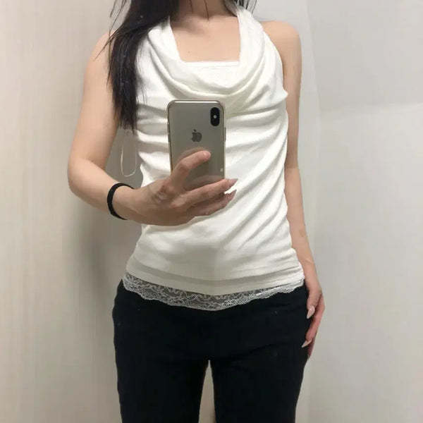 [BUNJANG] Sheer Shirring Layered Lace Halterneck Cami Top - White / 새 상품 셔링 레이어드 레이스 홀터넥 나시 슬리브리스 - 화이트