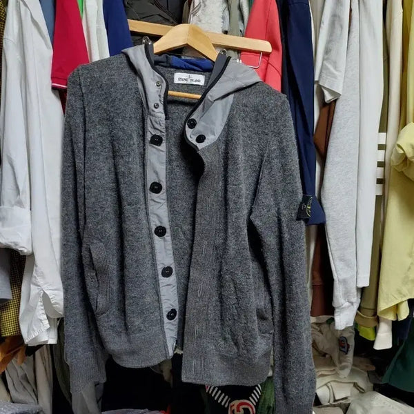 [BUNJANG] Stone Island Wool Knit Hooded Cardigan Grey S / 스톤아일랜드 울 니트 후드 가디건 그레이 s