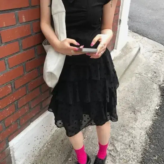[BUNJANG] O.S.W Audrey Ruffle Dot Midi Skirt / 오운서 오드리 캉캉 도트 미디스커트