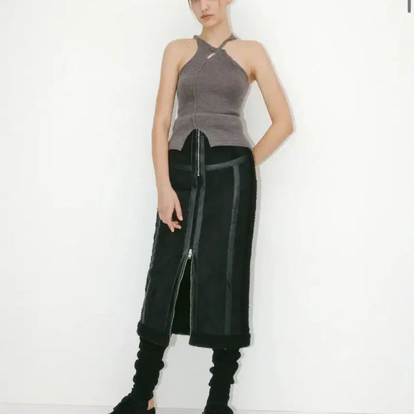 [BUNJANG] Yuse Black Suede Faux Fur Trimmed Pencil Skirt (M) / 새상품) 유즈 yuse 블랙 무스탕 스웨이드 퍼 롱스커트 M사이즈