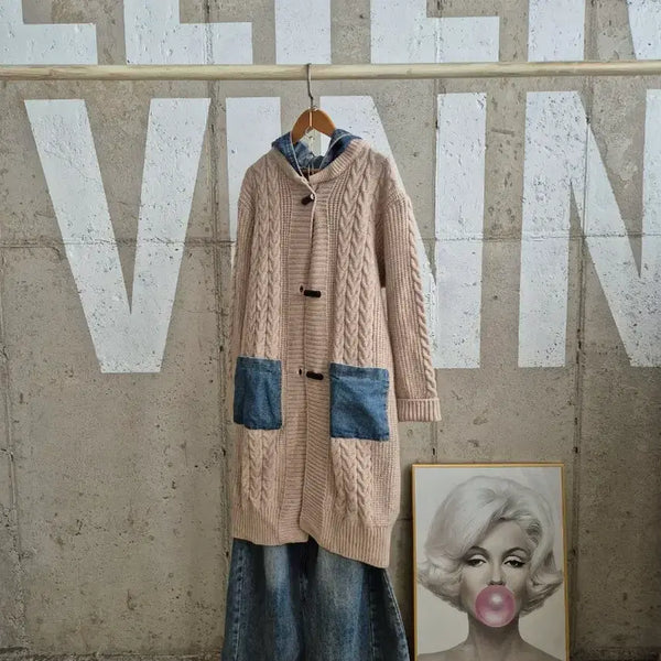 [BUNJANG] Denim Hood Color Block Long Knit Cardigan / 행사7)데님후드 배색 롱니트가디건