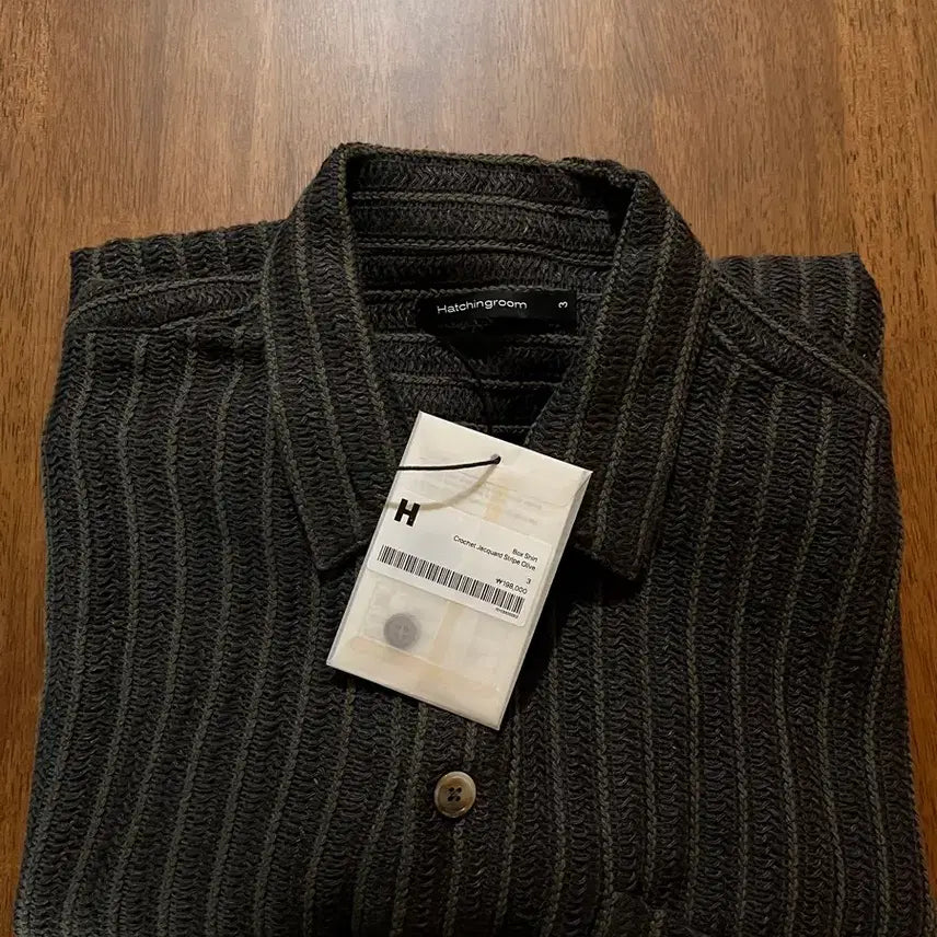 [BUNJANG] Haeching Room Box 1/2 Shirt Crochet Jacquard Stripe Olive / [3] 해칭룸 박스 1/2 셔츠 크로셰 자카드 스트라이프 올리브