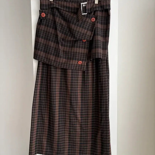 [BUNJANG] Issey Miyake Checked Wrap Skirt Brown L / 이세이미야케 체크 패턴 랩 스커트 브라운 L