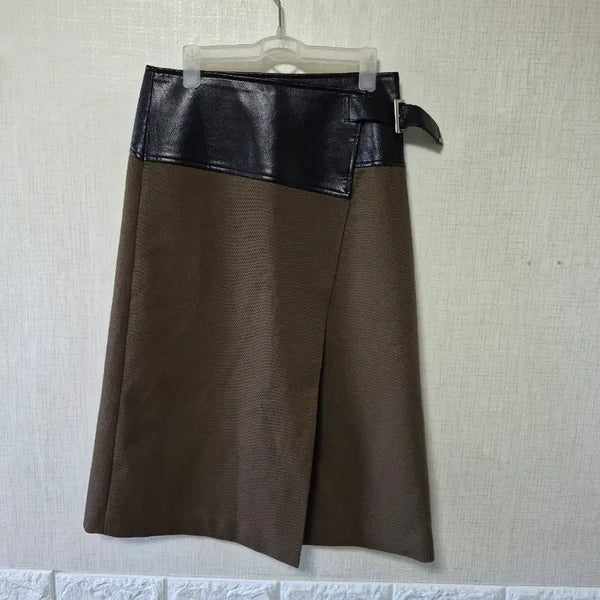 [BUNJANG] VOV Leather Colorblock Long Skirt / 보브 가죽배색스커트