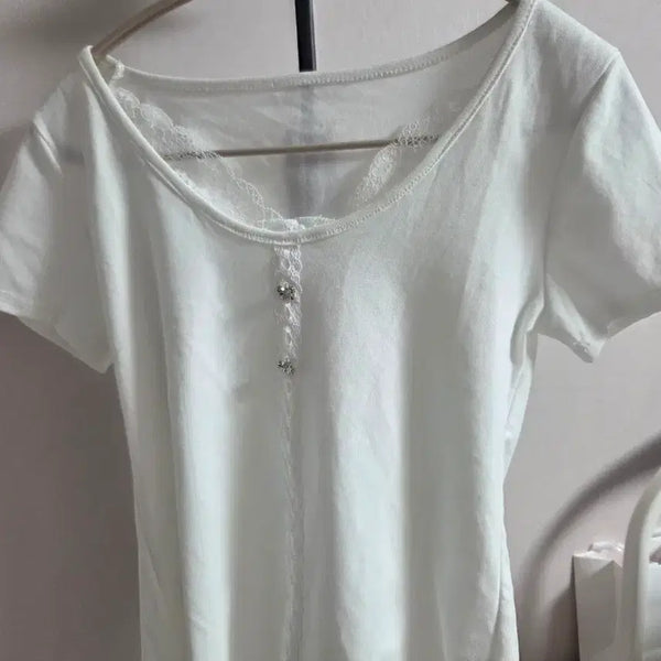 [BUNJANG] White Lace Short Sleeve T-Shirt / 화이트 레이스 반팔 티셔츠
