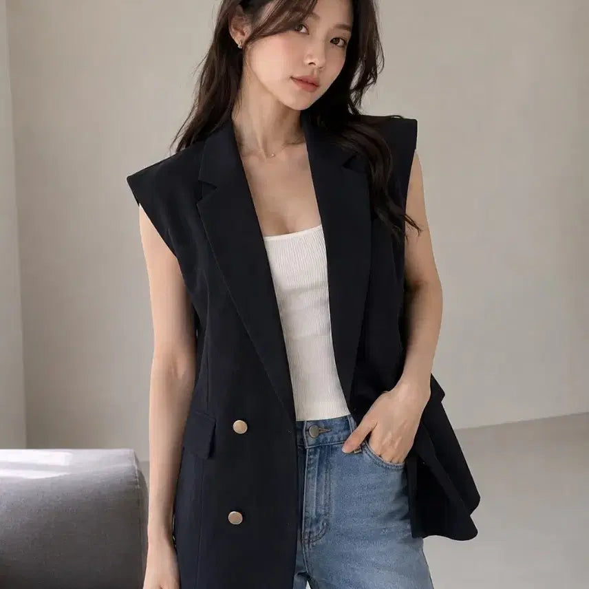 [BUNJANG] Tomboy Navy Oversized Sleeveless Jacket Vest / 톰보이 네이비 오버핏 민소매 자켓 베스트