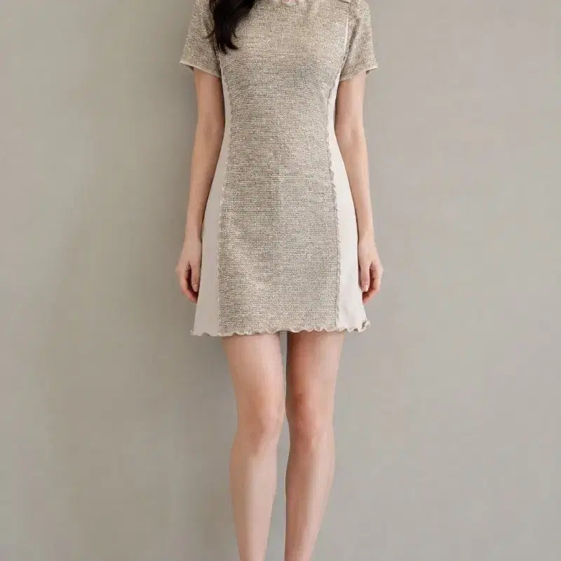 [BUNJANG] MINE Beige Half-Sleeve Tweed Detail Mini Dress / MINE 마인 베이지 반팔 원피스 55사이즈