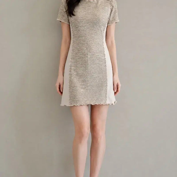 [BUNJANG] MINE Beige Half-Sleeve Tweed Detail Mini Dress / MINE 마인 베이지 반팔 원피스 55사이즈